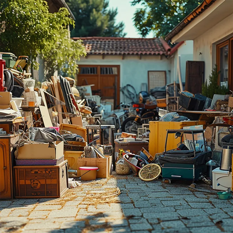 Household junk in a driveway
