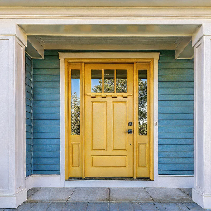 Home entrance with a yellow door