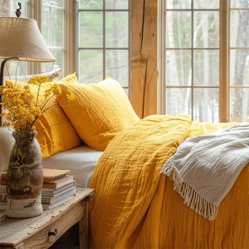 Nice clean bed with yellow pillow and duvet